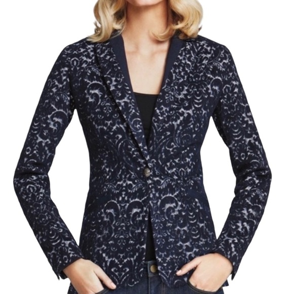 CAbi Blue Flocked Jacquard Single Button Blazer Jacket Women’s 12 - Picture 1 of 12